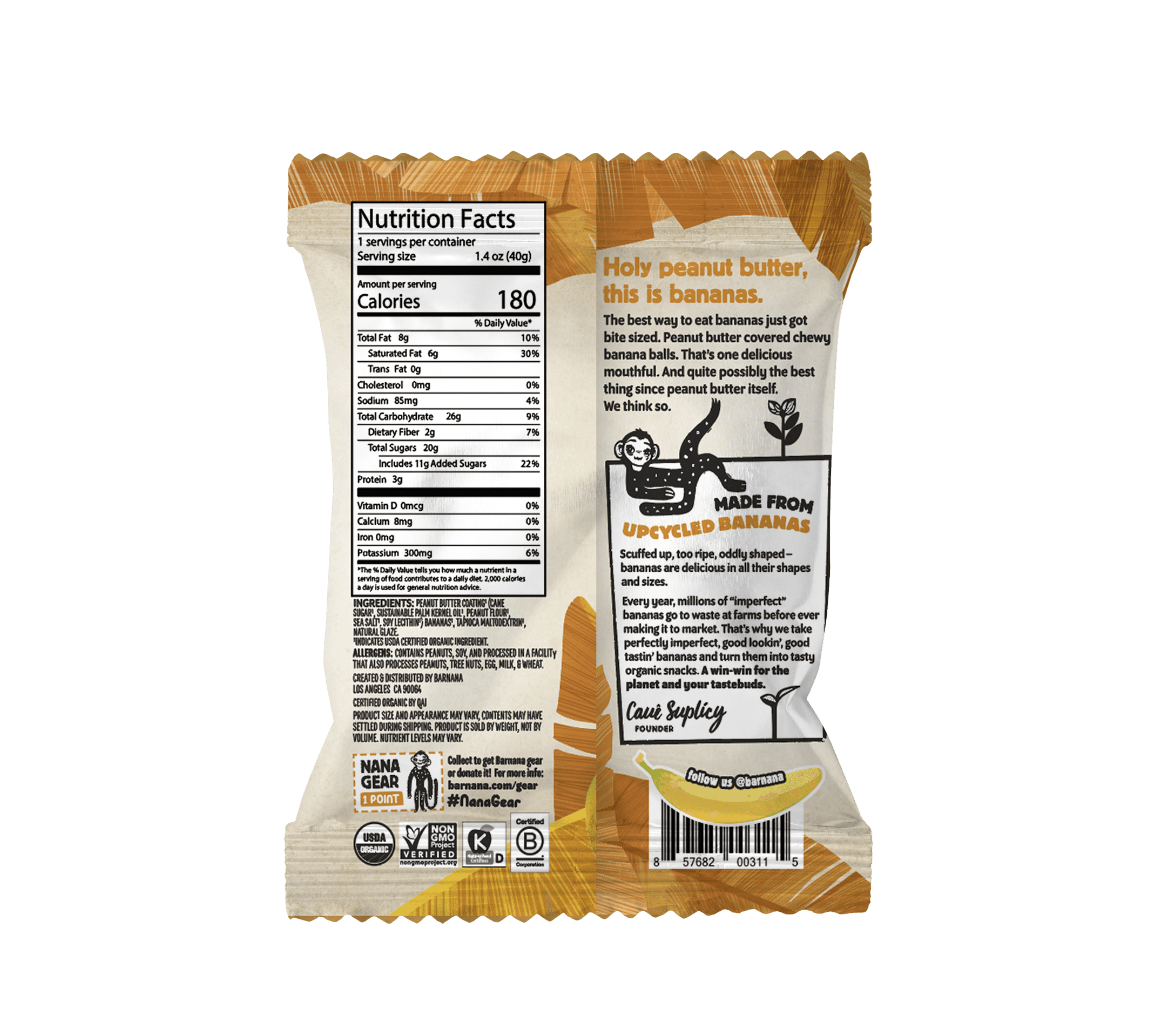 Barnana Organic Chewy Banana Bites - Peanut Butter - Case of 12 - 1.4 oz