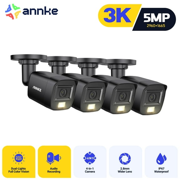 ANNKE UHD 3K Wired Add-on Security Camera (2960×1665), 4pcs CCTV Surveillance Cam with Built-in Mic, 2.8mm Lens (129° FOV) for 24/7 Video/Audio Recording, Smart Dual Light, 100ft Color Night Vision