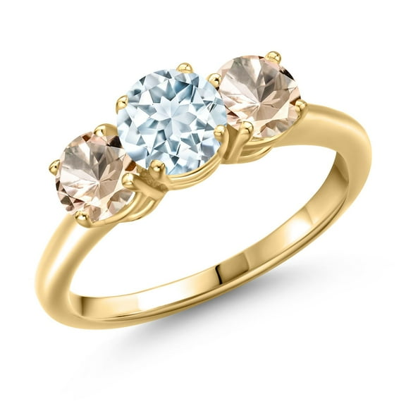 Gem Stone King 18K Yellow Gold Plated Silver Sky Blue Aquamarine and Peach Morganite Engagement Ring for Women | 1.55 Cttw | Round 6MM | Gemstone March Birthstone | Size 8