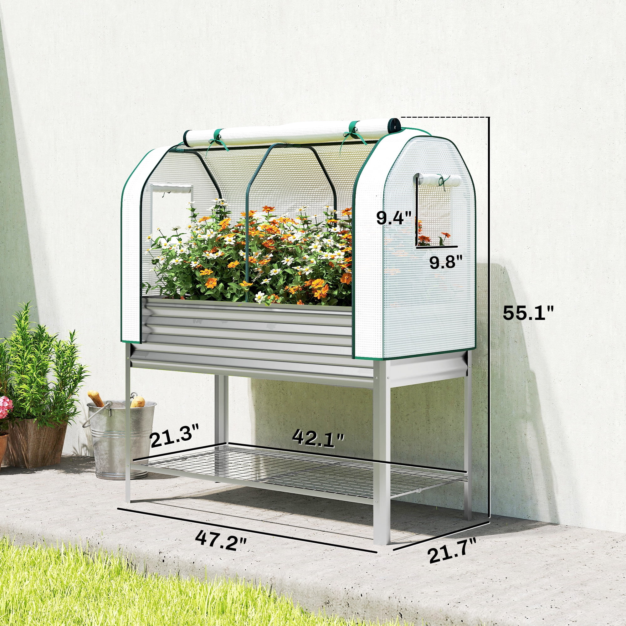 Outsunny Galvanised Raised Garden Bed with Greenhouse Cover, Metal Elevated Garden Bed with Bed Liner and Bottom Shelf, Silver