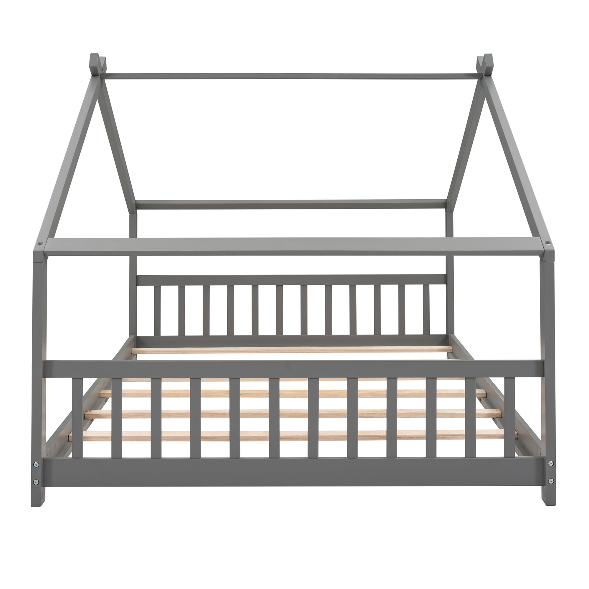Bellemave Full Size House Bed,Wood Platform Bed with Headboard and Footboard, House Floor Bed with Roof and Slat  (Gray,Full)