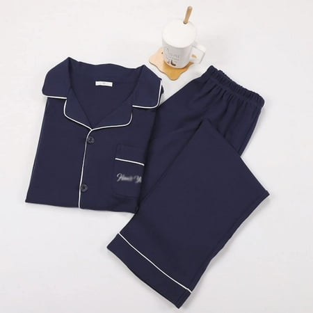 

QWZNDZG ZMMDD Spring and Autumn Men and Women Pajamas Set Couples Sleepwear Solid Color Lovers Homewear Casual Wear (Color : Women Blue Size : X-Large)