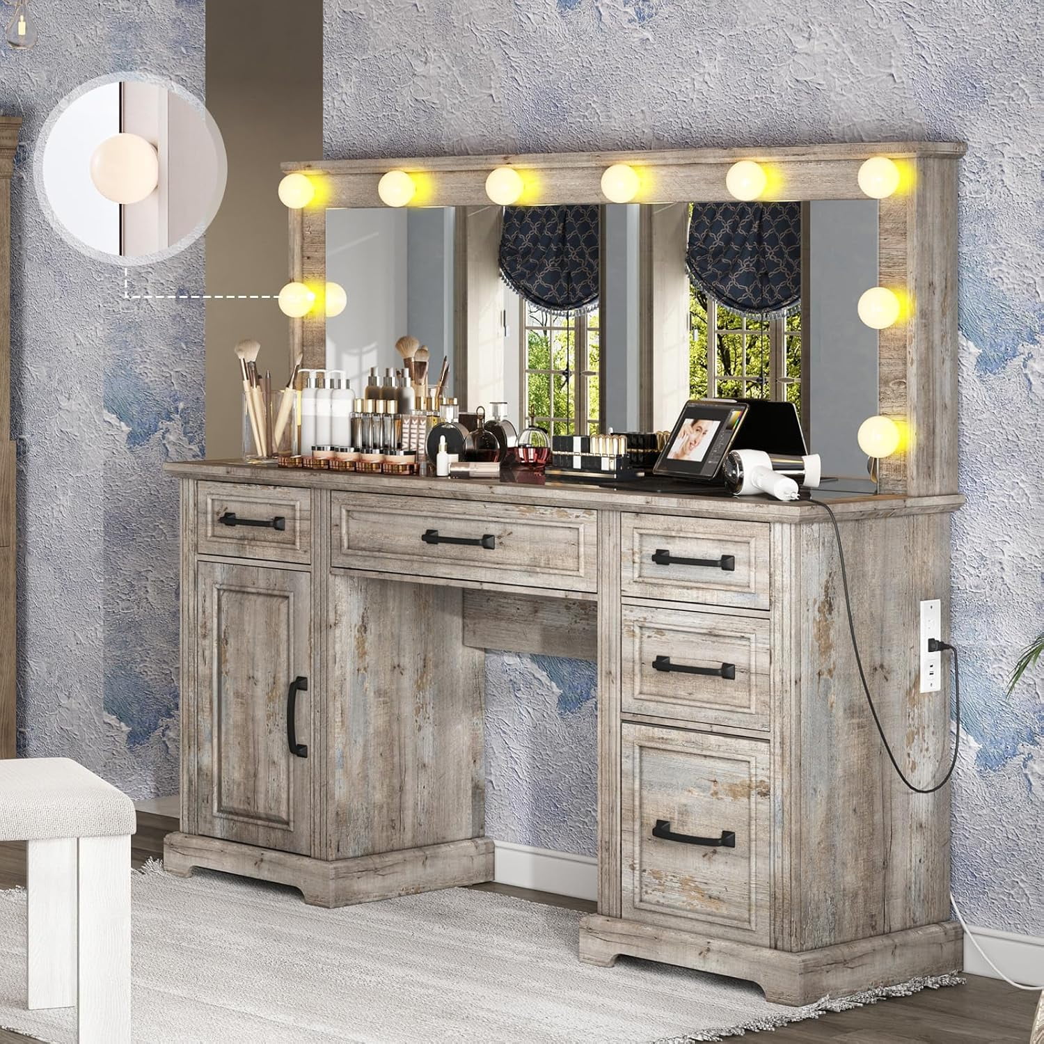Merluxy Makeup Vanity with Mirror & Lights,Glass Top Vanity with 5 Drawers & Charging Station,Grey