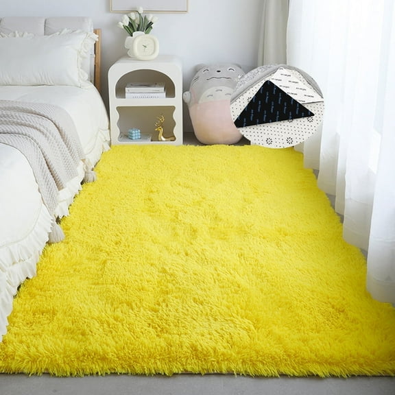 FUDAKUNA Yellow Fluffy Area Rug 48"x63" Soft Comfortable Floor Mat Non-Slip Backing Carpet for Bedroom Living Room