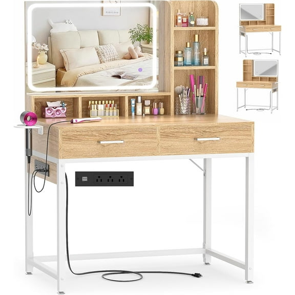 Small Vanity Desk, Vanity Desk with Mirror and Lights, Makeup Vanity Desks with Power Strip, Vanity Table with Drawers and Shelves, Adjustable Lighting, Dressing Table for Bedroom Dressing Room,