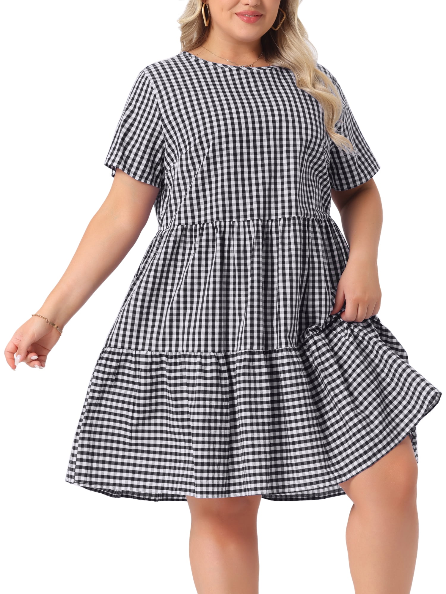 DARING DIVA Women's Plus Size Plaid Round Neck Short Sleeve Midi Dress 4X Black