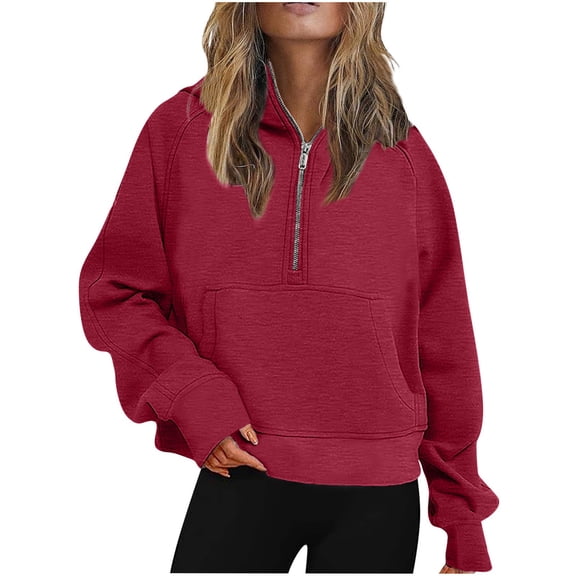 IROINNID Sales Hoodie for Women Solid Casual Pullover Loose Long Sleeve Fall Basic Hoodie with Zipper Pocket,Red