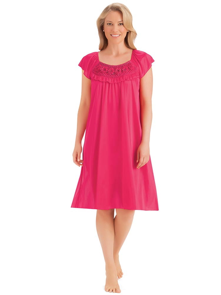 Collections Etc. - Rosette Trimmed Tricot Nightgown, Silky Lightweight ...