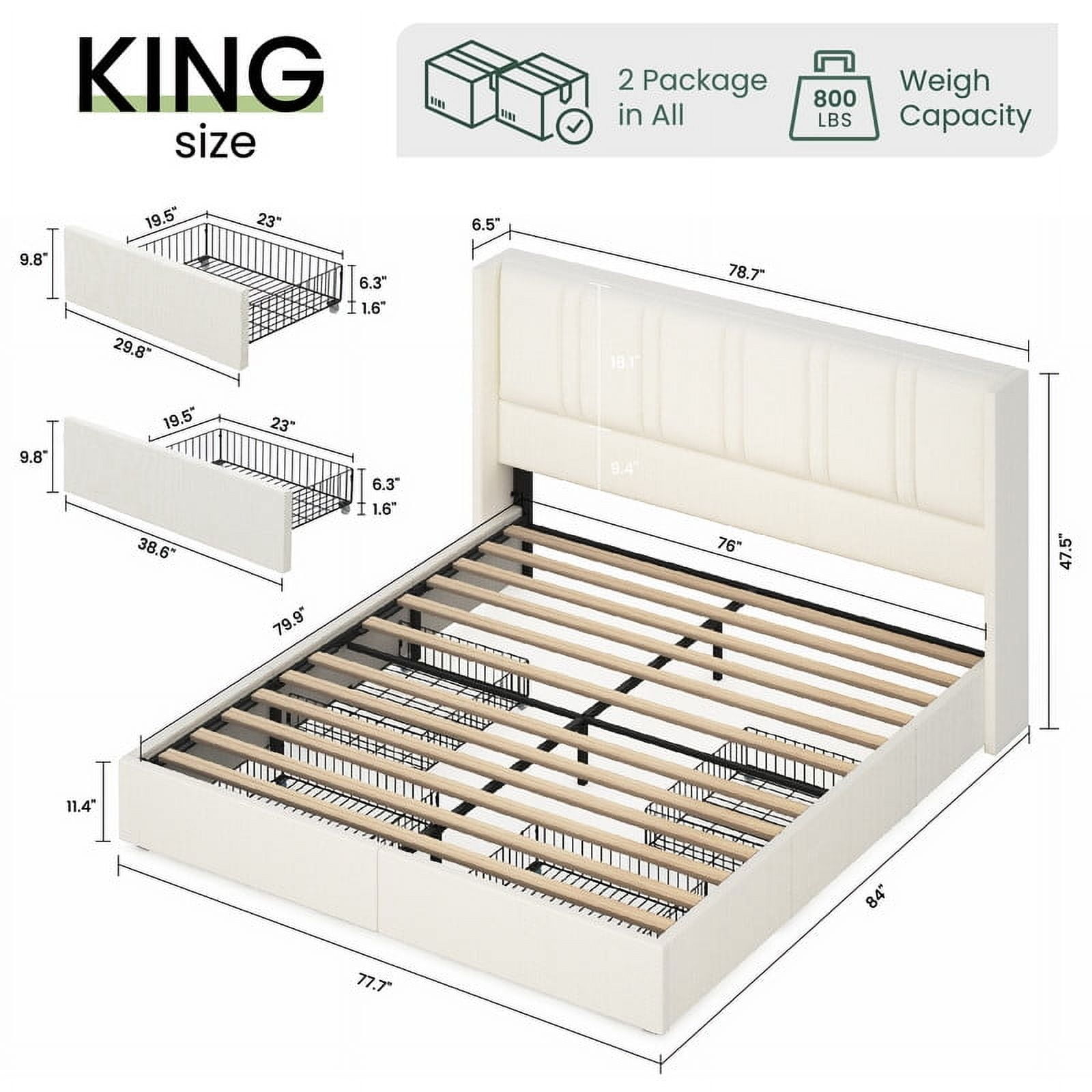 Breltam King Size Upholstered Platform Bed Frame with 4 Storage Drawers and Vertical Linen Wingback Channel Tufted Headboard