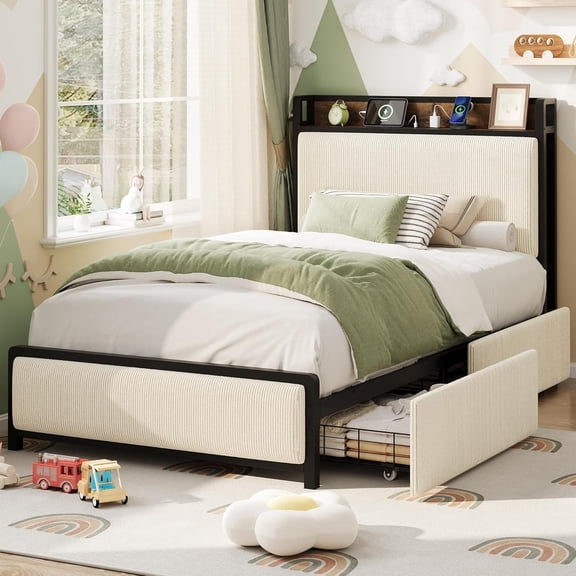 Senfot Twin Size Platform Bed Frame with Charging Headboard & Storage Drawers – Corduroy Upholstered Bed, No Box Spring Needed, White
