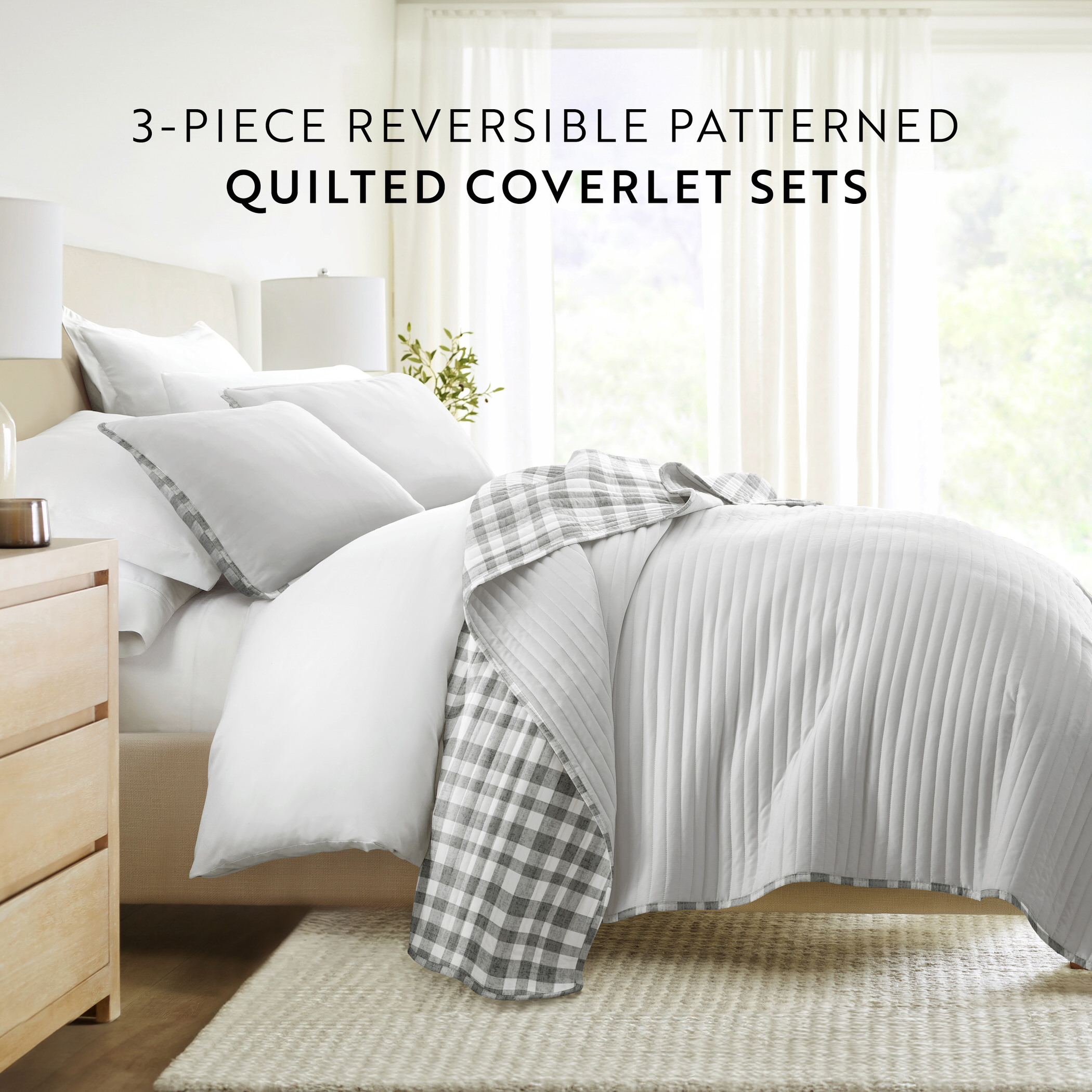 Noble Linens 3-Piece Gray Watercolor Plaid Reversible Quilt Set, Queen