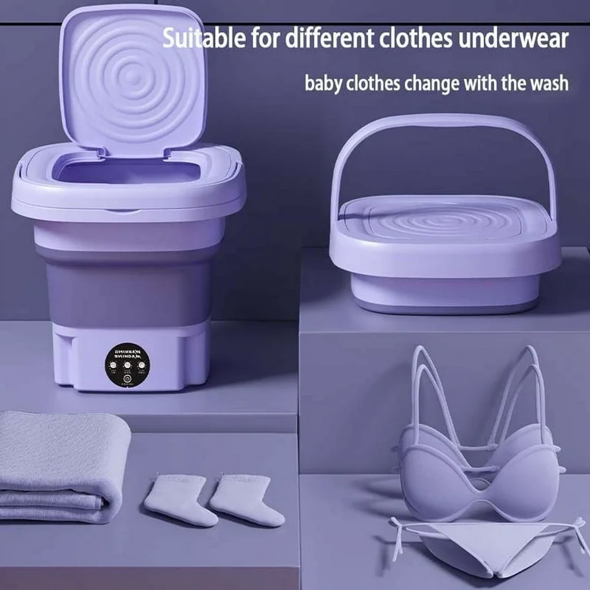 Foldable Portable Washing Machine with Centrifuge 8L 220V Mini Automatic Laundry for Socks Underwear Purple