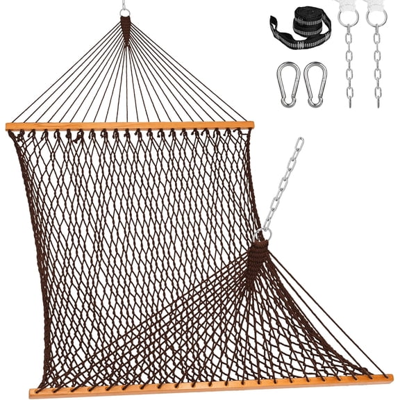 Hammocks Double Rope Hammock, 2 Person Traditional Outdoor Hand Woven Cotton Rope Hammock with Spreader Bar, Carabiners, Tree Straps, Chains for Patio Yard