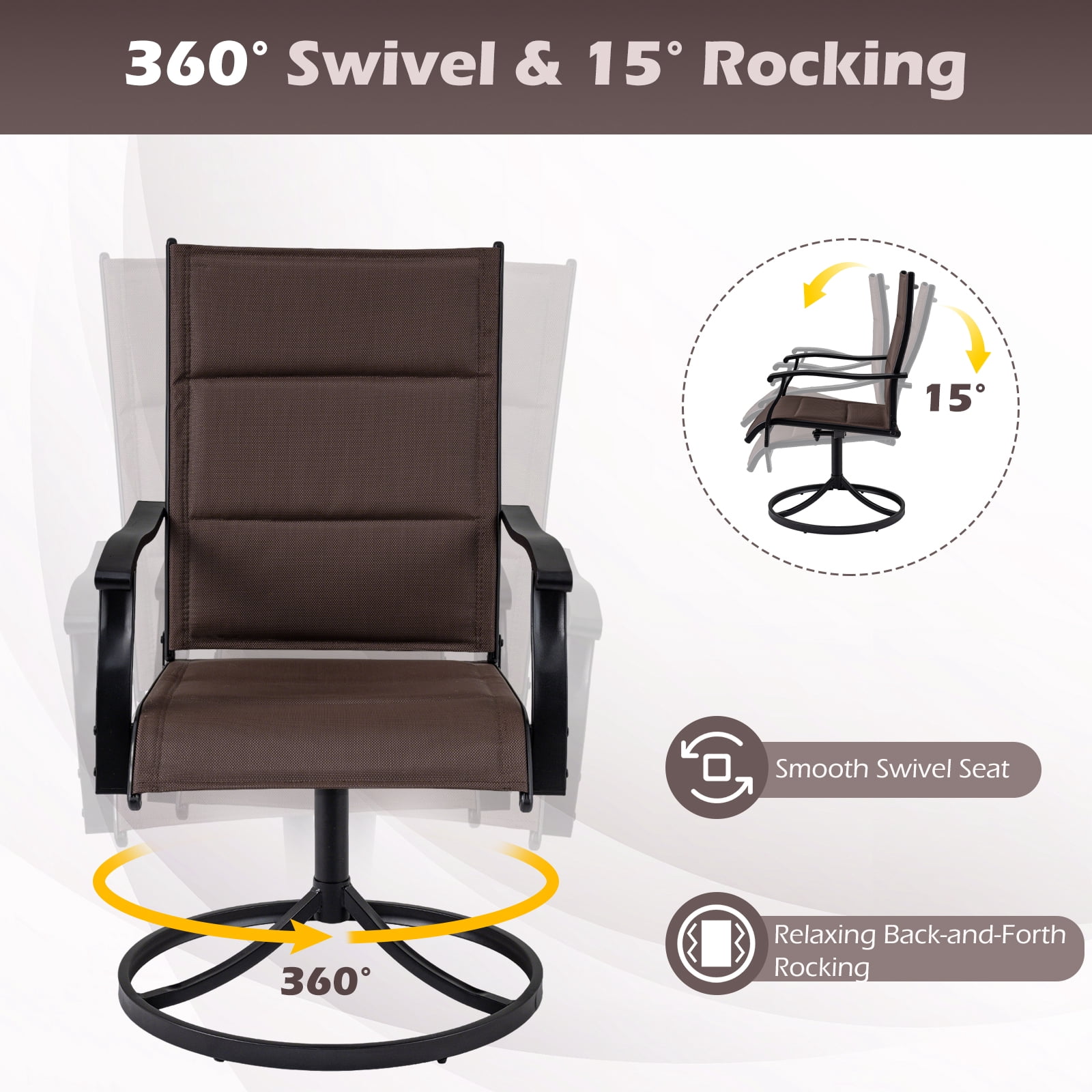 Gymax Padded Patio Swivel Chairs Set of 2 Ergonomic Outdoor Dining Chairs w/High Back Brown
