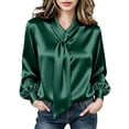 thumbnail image 3 of Zivyakyron Long Sleeve Womens Blouses Fall Casual Tie Neck Satin Plain Women Top Loose Elegant Green 2XL, 3 of 10