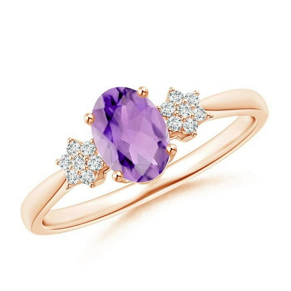 ANGARA Natural Oval Amethyst Solitaire Ring with Diamond Clusters in 14K Rose Gold for Women (Size-7x5mm) | February Birthstone, Birthday, Anniversary, Jewelry Gift for Women | Natural Amethyst Ring