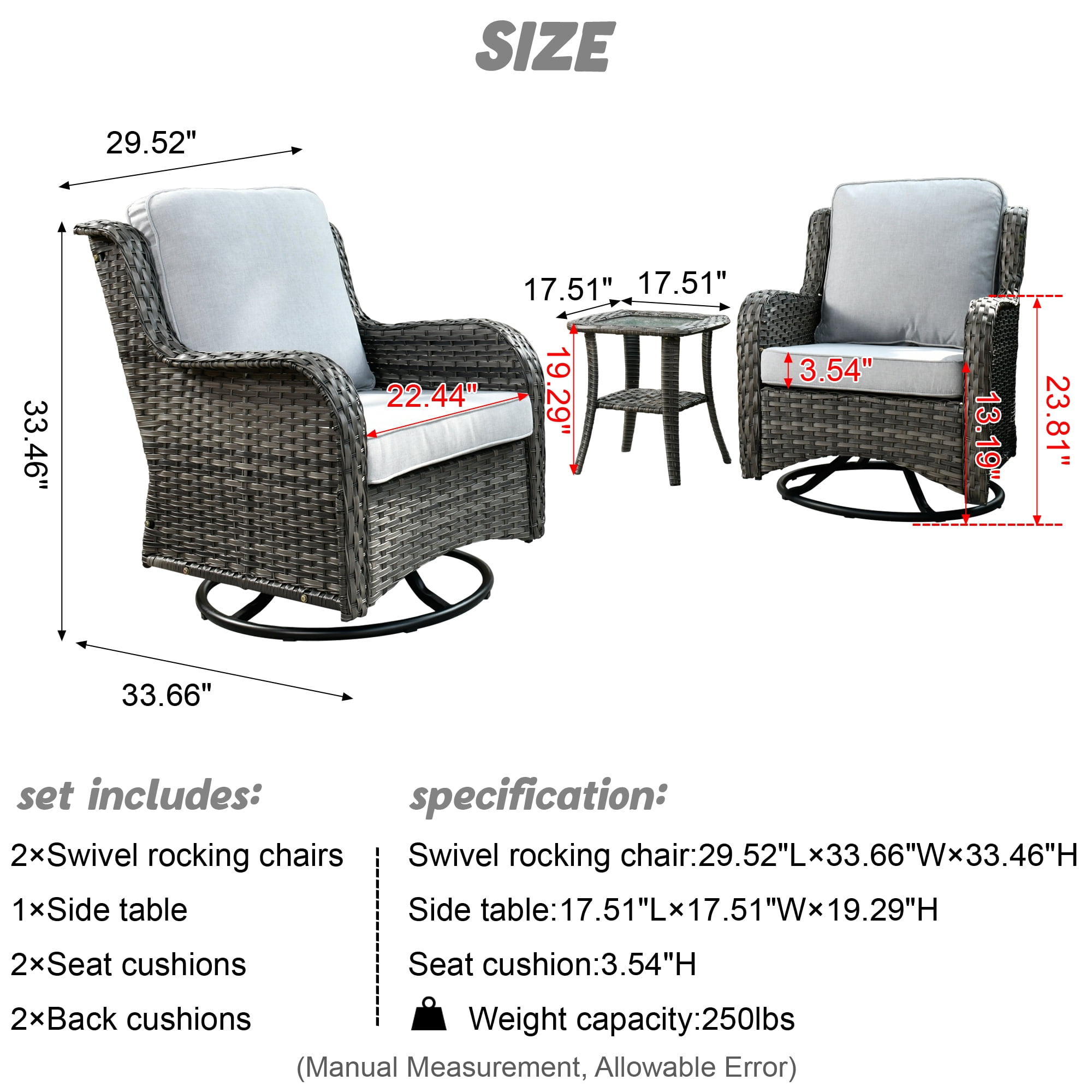 XIZZI Outdoor Patio Wicker Swivel Rocker Set,3-Piece Rocking Chair Bistro Set with Grey Cushions and Coffee Table,Grey Wicker