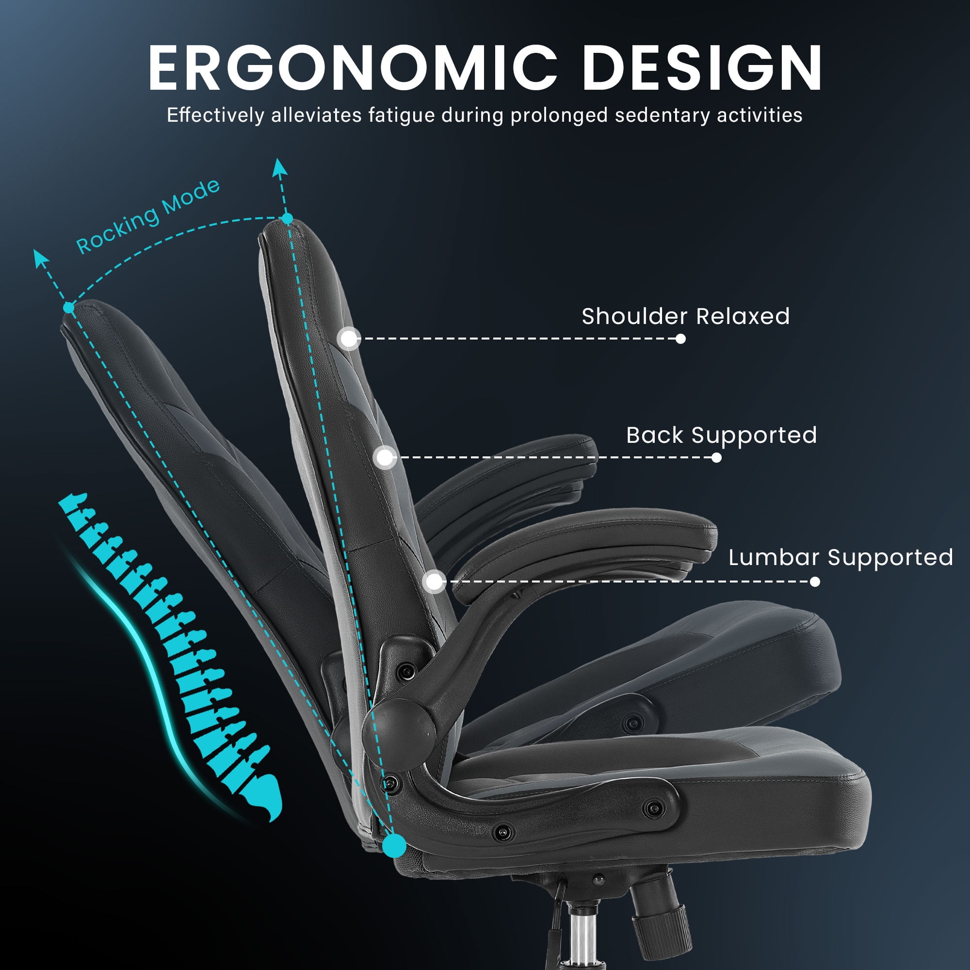 JONPONY Ergonomic Gaming Desk Chair - Adjustable PU Leather Swivel Racing Chair with Flip-up Armrests for Home Office and Entertainment, Perfect for Adults, Kids, and Gamers, Black Grey