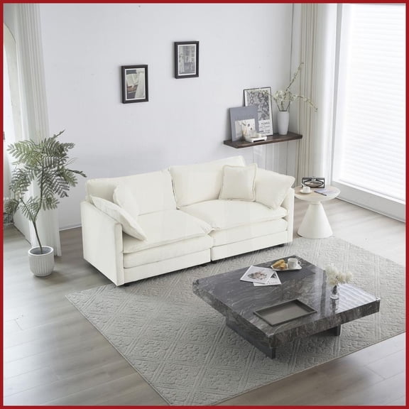 Modern White Chenille Loveseat Sofa with 4 Pillows – Deep Seat 2-Seat Couch for Living Room, Sturdy Solid Wood Frame