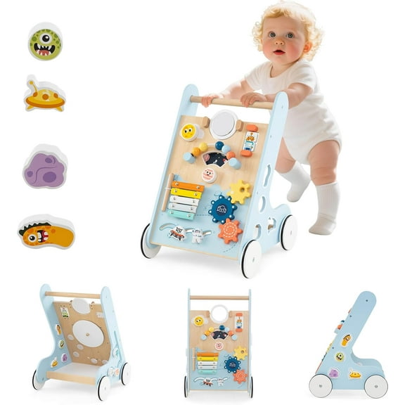 INFANS Wooden Baby Walker, Montessori Walker with Multiple Activity Toys, Storage, Push Walker Toys for Infant Learning to Walk, Sit to Stand Walker for Boys Girls