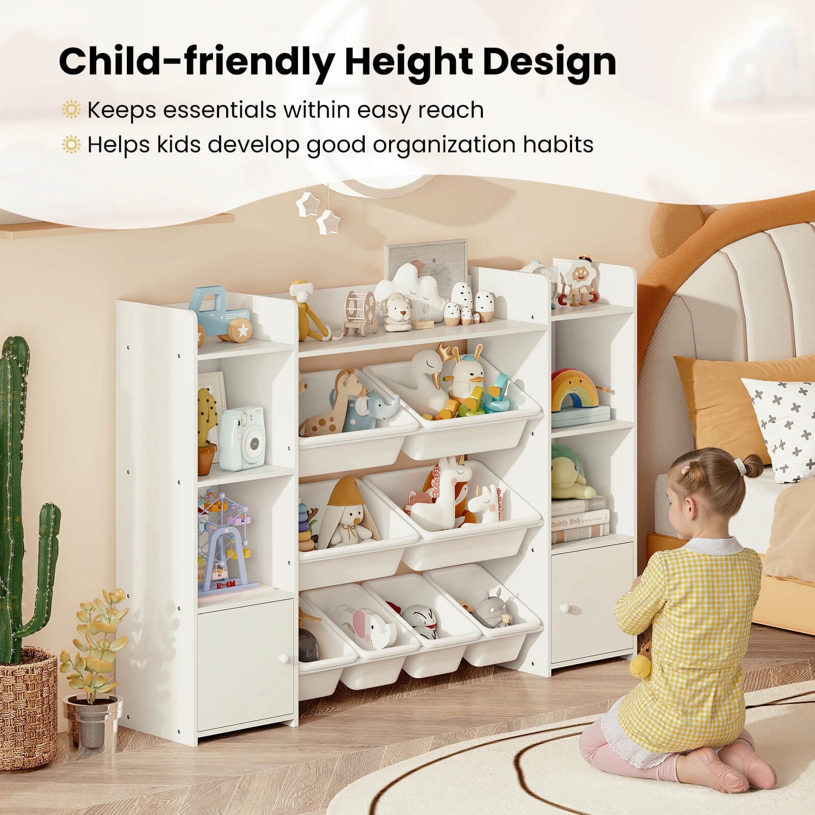 Costway 4-Tier Large Storage Cabinet with 6 Cubbies & 8 Removable Bins Bookshelf White