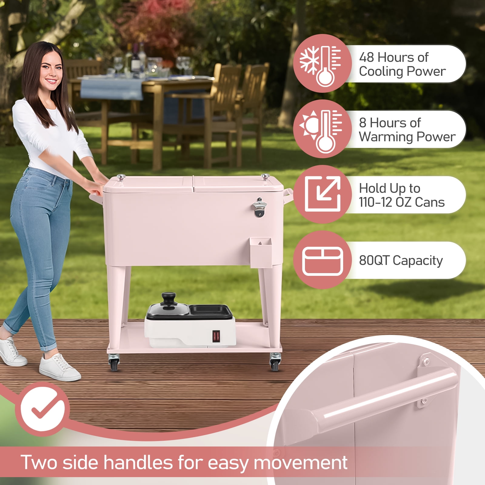 Ktaxon 80 Qt Rolling Ice Chest Cooler Cart Outdoor Trolley with Storage Shelf, Bottle Opener & Cap Collector for 48 Hour Cold Drinks, Pink