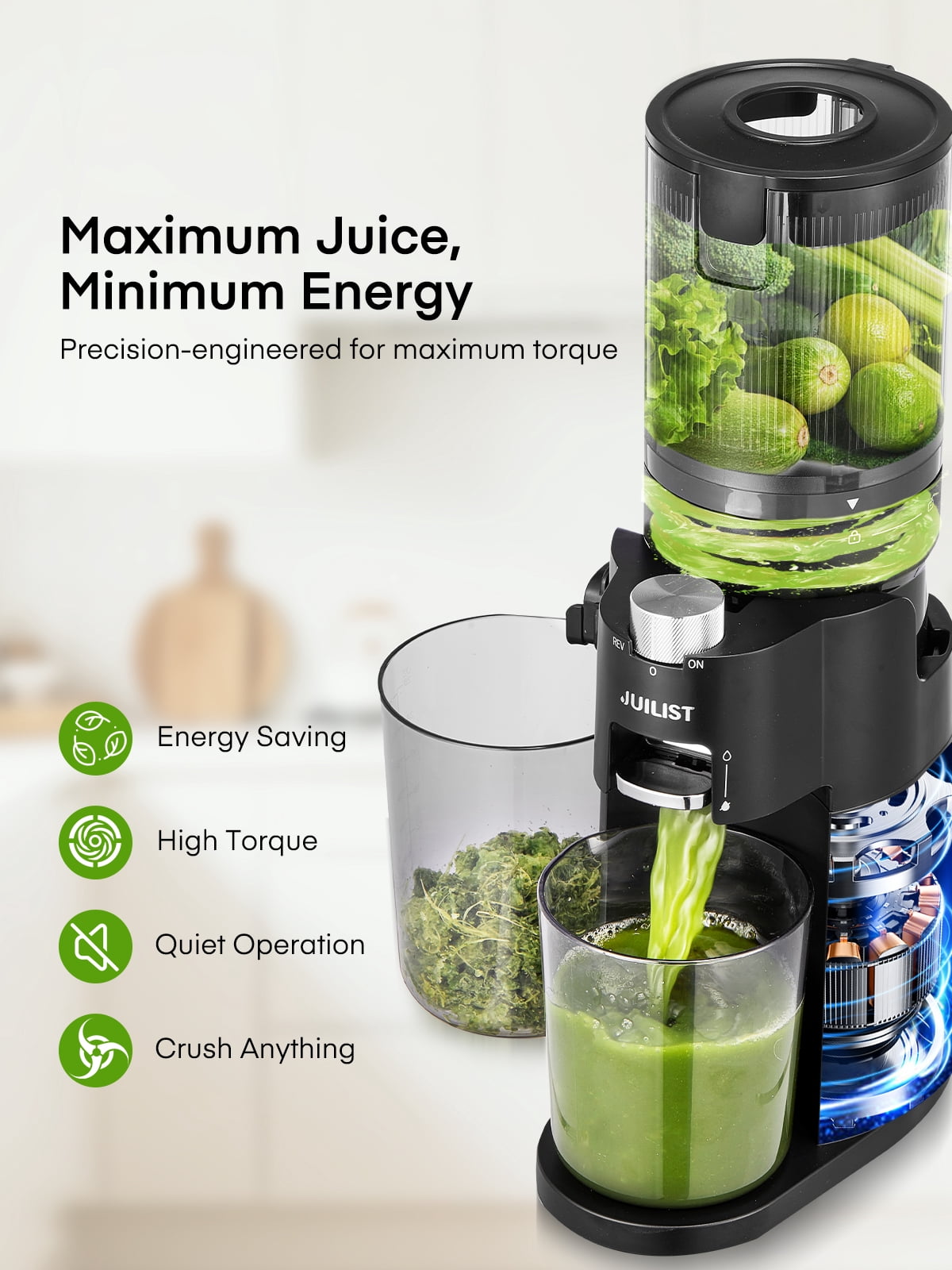 Juilist Juicer Machine for Fruits and Vegetables, BPA-Free, High Juice Yield, 60 RPM, Easy to Clean, Includes Cleaning Brush, Black