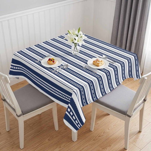 Navy Blue Striped Table Cloth Waterproof Tablecloths, Farmhouse Striped Geometric Art Tablecloth Dining Table Cover for Kitchen Party Tabletop Outdoor, Square Tablecloth 54x54 Inch