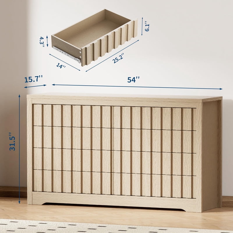 TROPOW Modern Fluted Dresser for Bedroom, Wooden Chest of Drawers, Handleless Storage Organizer with Deep Drawers for Clothes, Living Room or Hallway Furniture