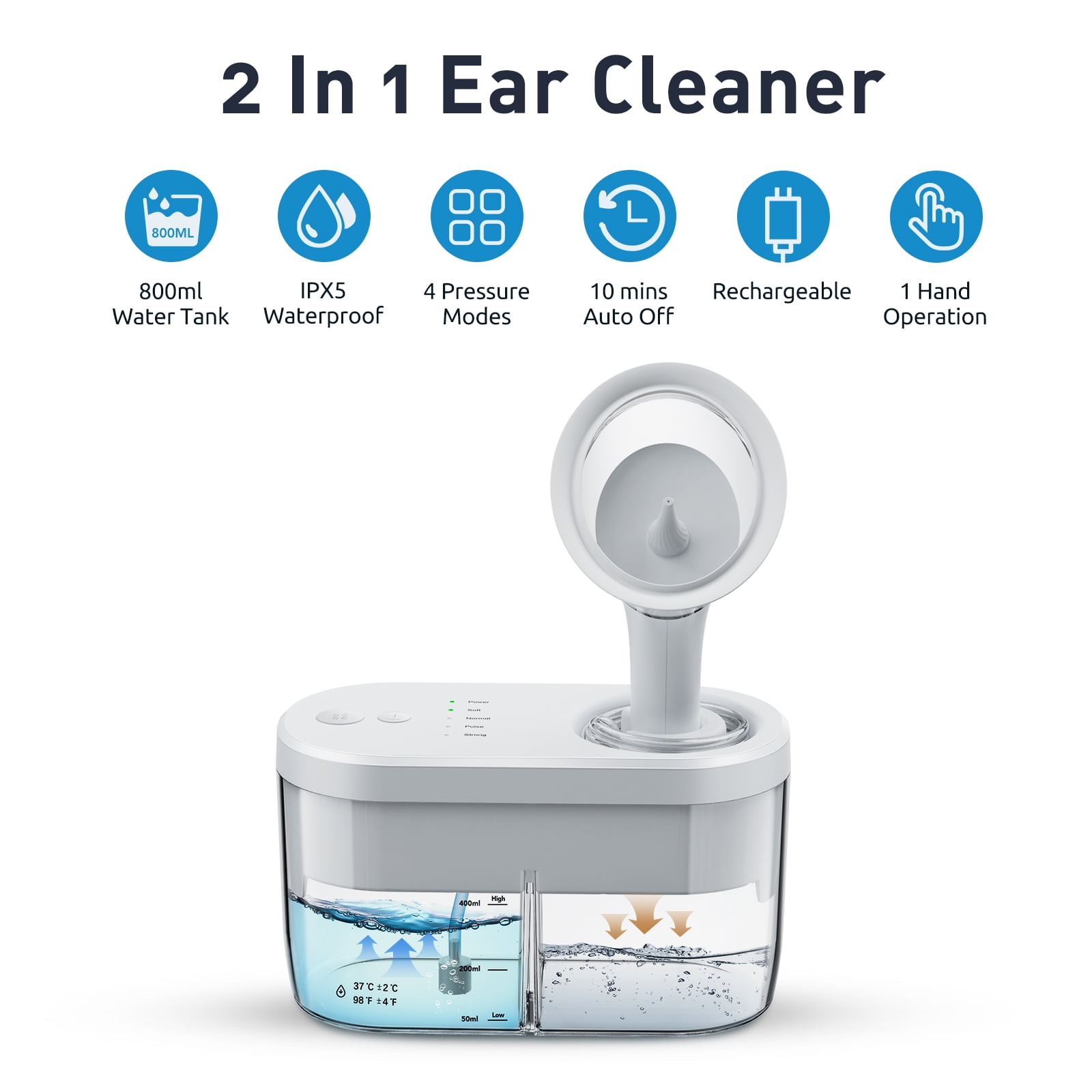 Electric Ear Wax Cleaner, Water Powered Ear Cleaner Automatic, Earwax Cleaning Removal Tool with 4 Cleaning Modes, 10min Auto Off, IPX5 Waterproof, 12 Wash Tips, 400ml Sewage & Clean Water Tank