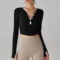 thumbnail image 2 of JGGSPWM Women's Workout Shirt Sexy Cutout Irregular V-Neck Long Sleeve Crop Top Slim Fit Athletic with Thumb Hole Trendy Base Layer Black S, 2 of 6