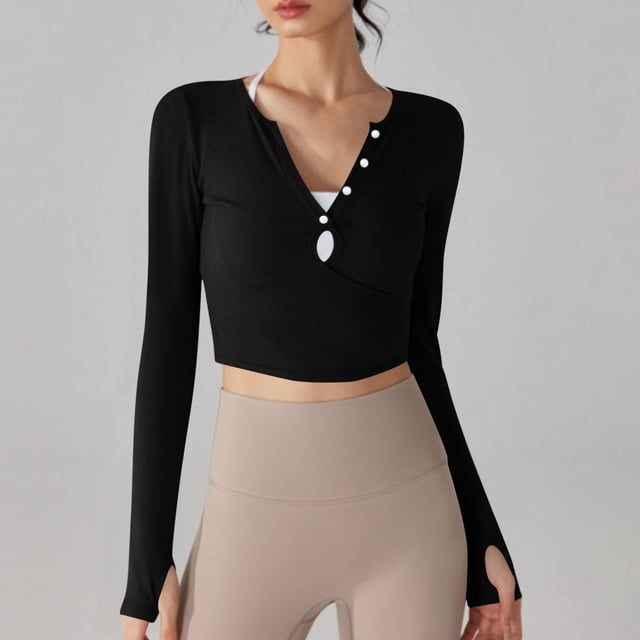 RXIRUCGD Haut à Col Rond pour Femmes, Couleur Unie, Décontracté, Sport, Protection Solaire, Manches Longues, Noir, Taille : L