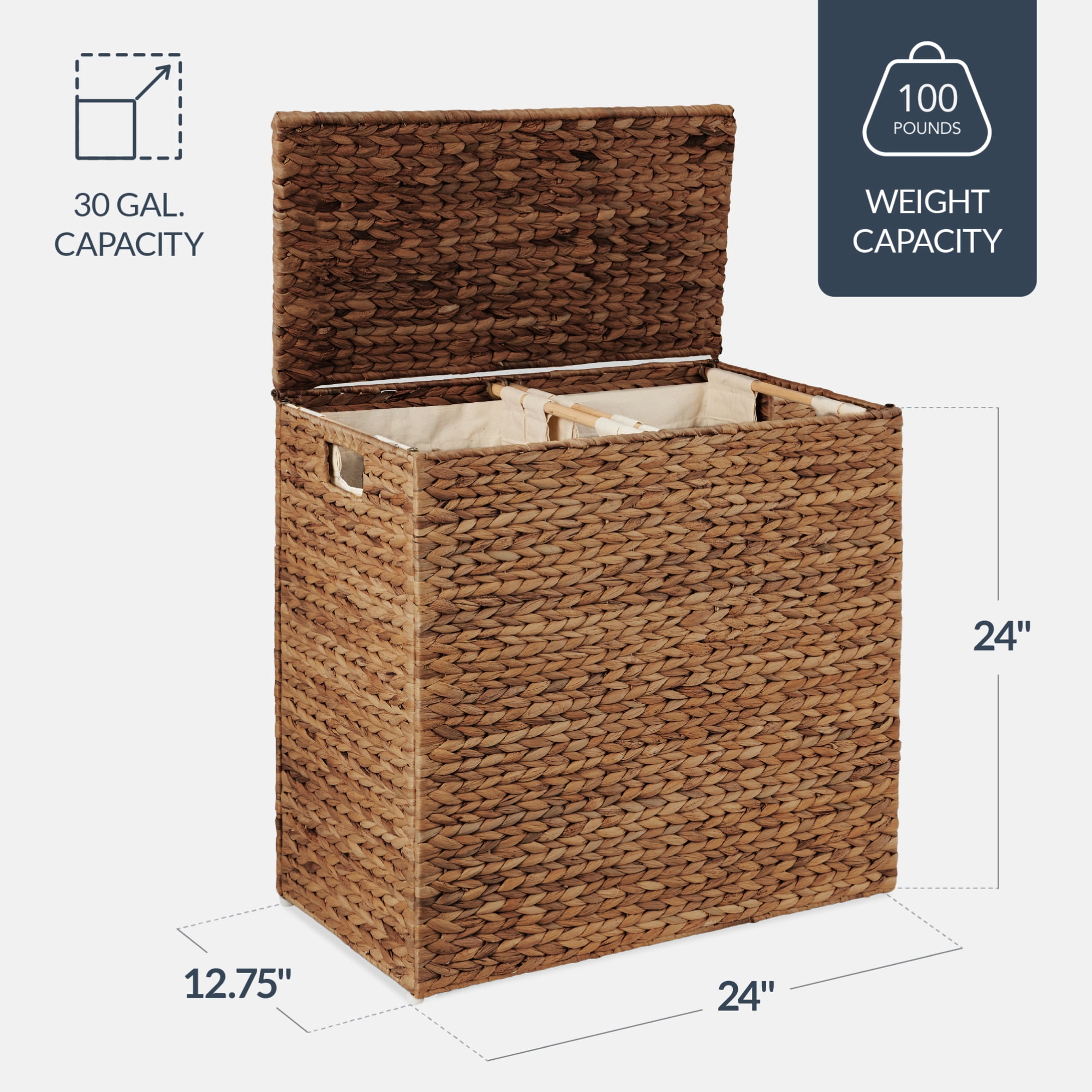 Best Choice Products Large Natural Water Hyacinth Double Laundry Hamper Basket w/ 2 Liner Bags, Handles - Chestnut
