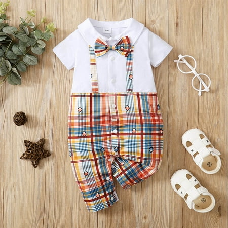 

KONBECA Baby Boys Girls Rompers Infants Pure Cotton Coverall Lapel Gentleman Bowknot Strap Jumpsuit Stitching Plaid Short Sleeve Romper Outfits (3-24 Months)