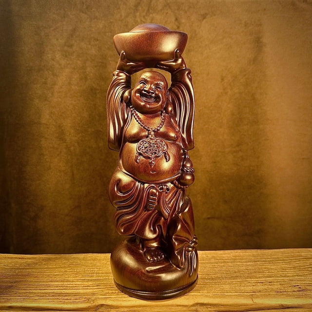 Rosewood carved Maitreya Buddha with ingot base, ebony solid wood large-bellied Maitreya Buddha home decoration, opening gift.