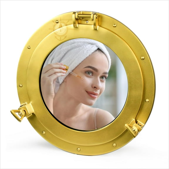 Nagina International Antique Wall Mounted Nautical Premium Aluminum Vintage Mirror | Ship's Porthole Window | Pirate's Maritime Nautical Themed Decor (20 inches, Brass Plated)