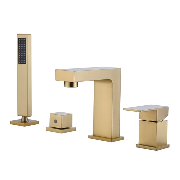 Four Holes Deck Mounted Bathroom Bathtub Faucet, Roman Tub Filler with Hand Shower in Brushed Gold