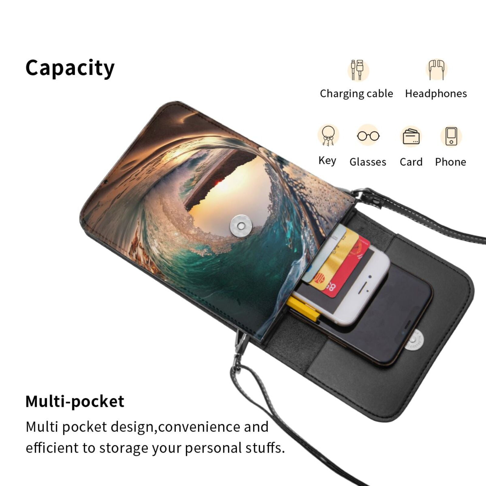 Wave Inside Hollow Morning Surf Cell Phone Purse Small Crossbody Bag with Strap Credit Card Slots Leather Shoulder Wallet for Women