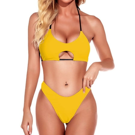 

Finelylove Swimsuit Women Padded Sport Bra Style Bikini Yellow M