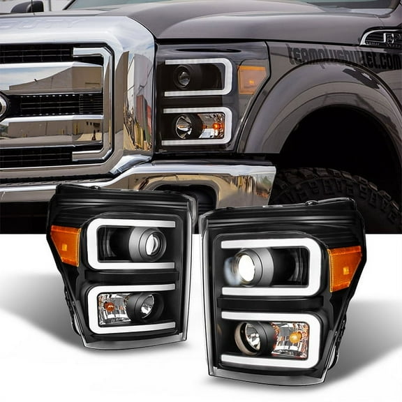 AKKON - For F-Series SuperDuty Pickup Truck Black Bezel Dual LED Tube Projector Headlights Replacement
