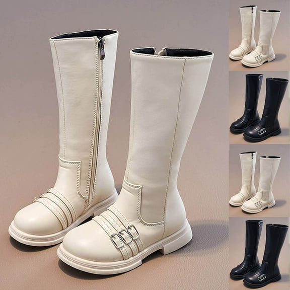 Miluxas Girls Knee High Boots Fashion Mid Calf Boots Side Zipper Tall Riding Boots for Toddler Little Kid Big Kid Black 2.5 M(37)