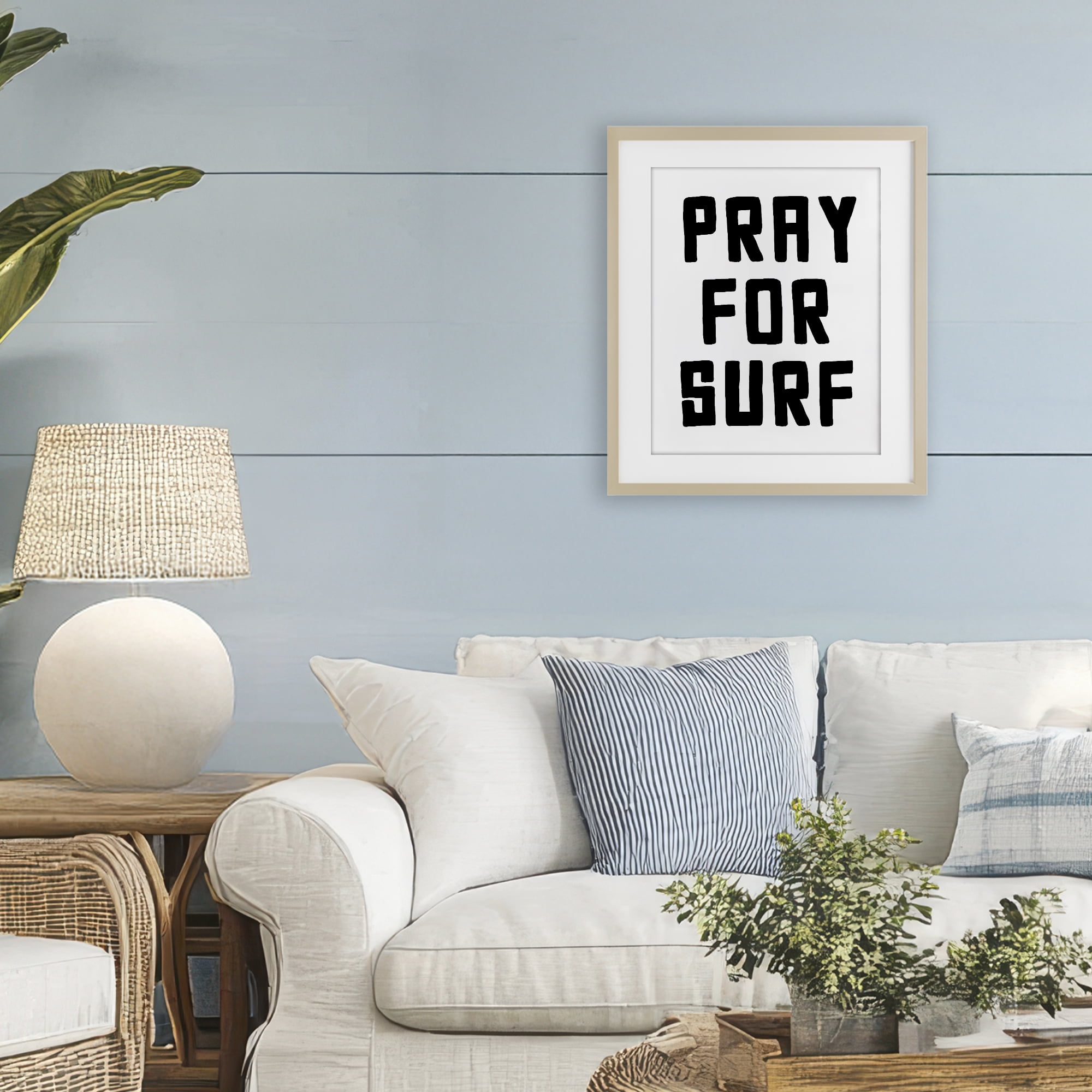 Pray For Surf Simple Sentiment Birch Framed Print Under Glass, design by Lettered and Lined