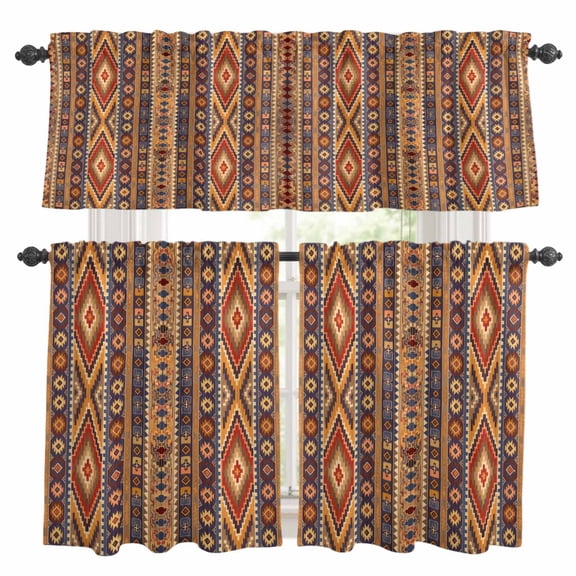 Southwest Boho Kitchen Curtains Sets for Windows 24 Inch Length, Retro Farmhouse Abstract Geometric Striped Rod Pocket Window Treatments Tier Curtains and Valances Set for Bedroom/Bathroom