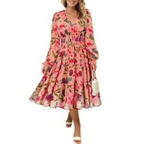 CASSIE LIZ Plus Size Dresses Casual Fall Sundresses for Women Fashion Midi Elastic Waist Dresses Long Sleeve Elegant V Neck Loose Fit Winter Dress With Pocket Floral/Plaid (XL-5XL)