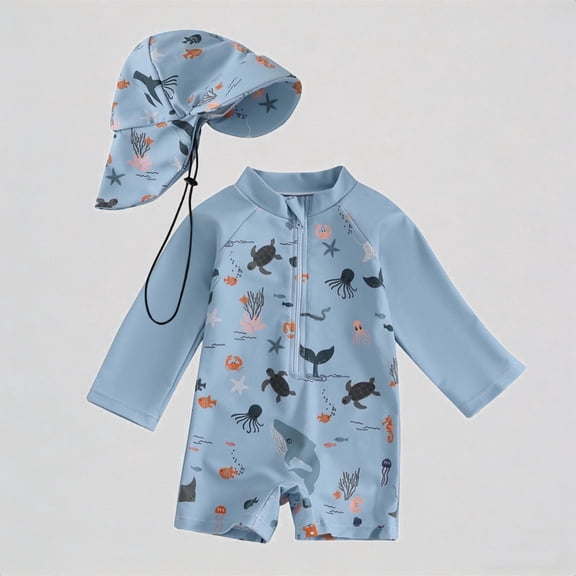 REDARER Toddler Boys' 2-Piece Swim Set – Ocean Print Long-Sleeve Rash Guard Romper Neck-Flap Swim Hat, UV-Protective Beach Sunsuit,2-3 Years
