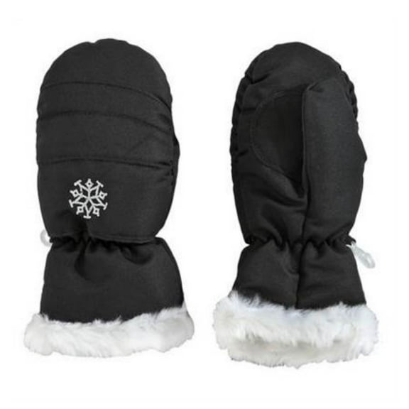 Girls Black Faux Fur Trim Snow & Ski Mittens Fleece & Thinsulate Lining