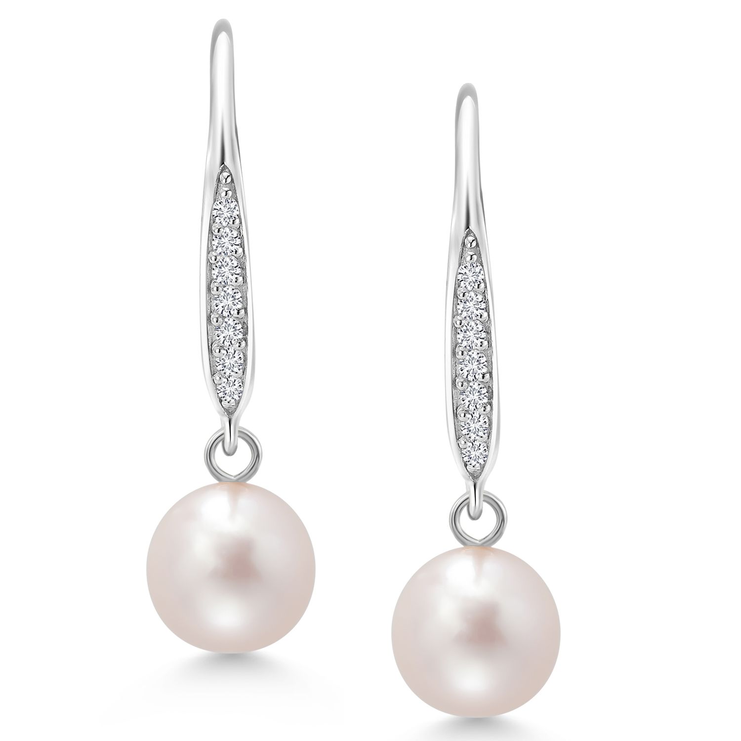 Gem Stone King Cultured Freshwater Pearl and Lab Grown Diamond Dangle Earrings for Women | 925 Sterling Silver | 1 inch | Pearl Size 6MM | Fine Jewelry Gifts for Women Mom Wife Her