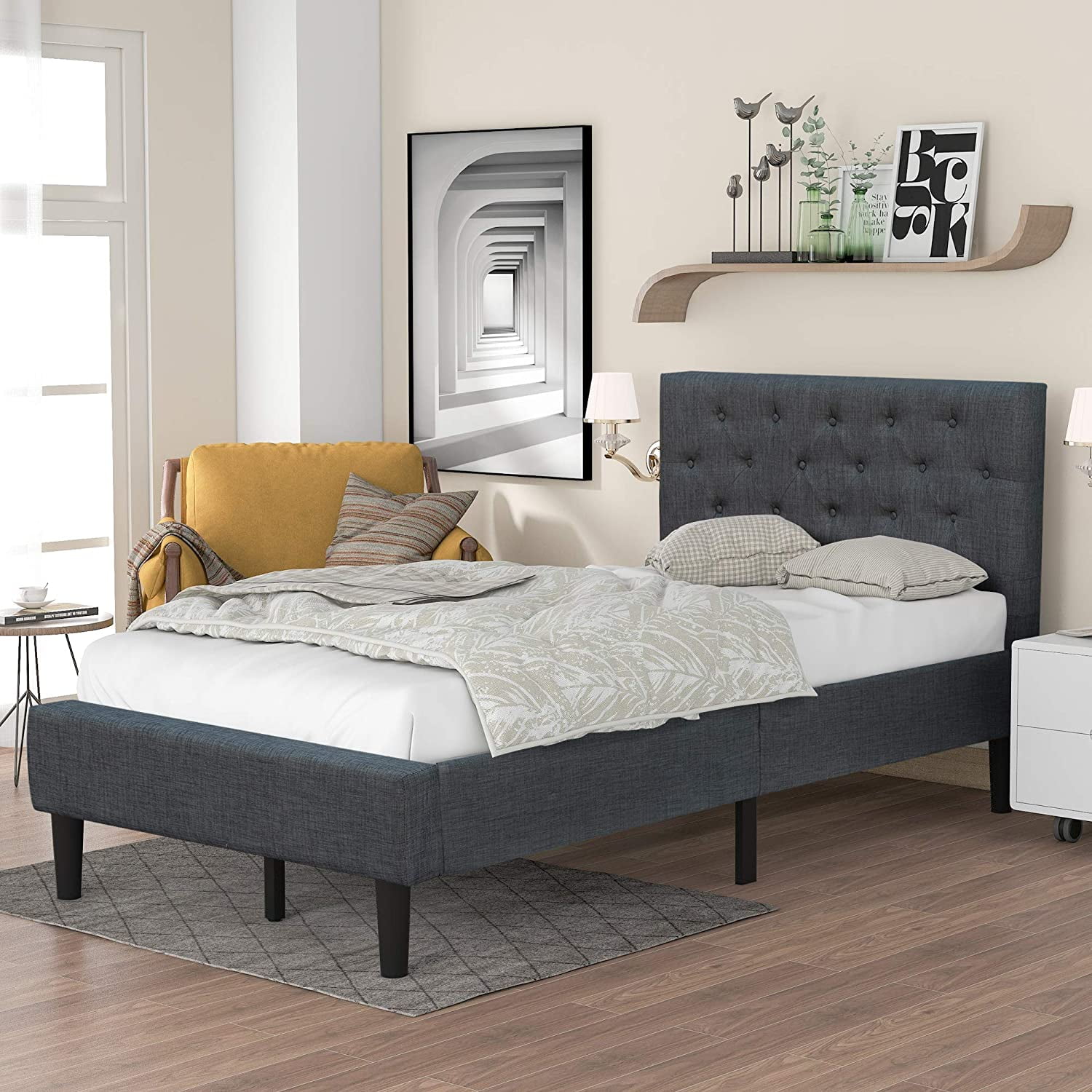 Twin Platform Bed Upholstered Platform Bed Frame with Wood Slat Support