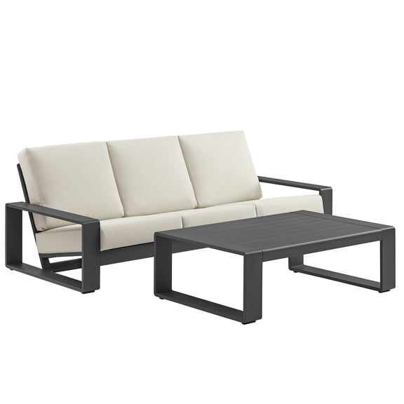 2 pcs Lounge Sectional Sofa Table Set, White, Aluminum, Outdoor Patio Balcony Cafe Bistro Garden Hospitality Restaurant, Modern Contemporary, HB37977