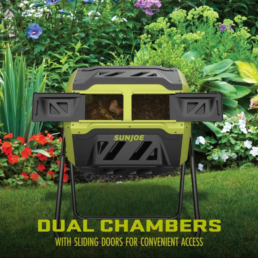 Sun Joe SJ-CMPS1 Composteur Rotatif Extérieur Toutes Saisons | Chambre Double à Glissière | 42 Gallons | 2-10 Semaines | Matériau Sans BPA